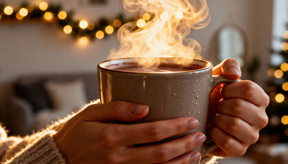 Woman holds a steaming ceramic mug with both hands in a warm living room setting with bokeh holiday lights and soft furnishings. There is empty blurred background space suitable for text or graphic ov