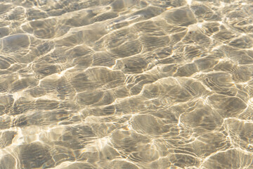 Abstract natural background .Soft sunlit patterns dance across clear, shallow water, creating bright blurred reflections and gentle ripples over a sandy bottom in calm coastal setting.