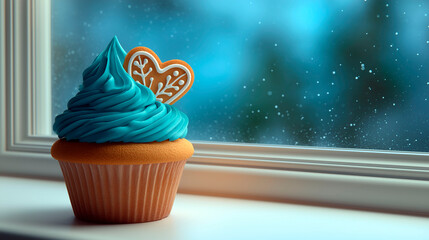 Winter cupcake with blue frosting and heart-shaped gingerbread cookie on a windowsill with snow falling outside