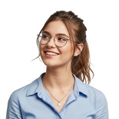 Young woman with glasses and ponytail smiling and looking upwards with a light blue collared shirt isolated on transparent background