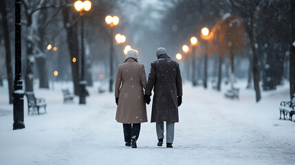 A serene winter scene captures an elderly couple walking hand-in-hand down a snow-covered path. Illuminated streetlights line the way, casting a warm glow on the tranquil landscape.