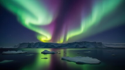 Vibrant aurora borealis dances over icy seascape under starry night sky