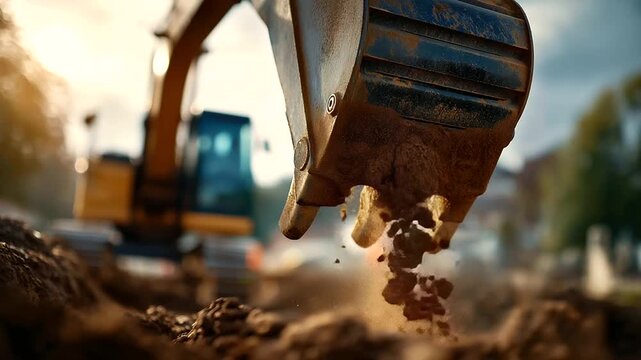 Extreme close up of metal excavator bucket teeth penetrating brown earth faceless operator's actions implied defocused backhoe arm in background soil displacement with flying