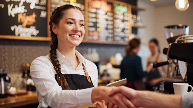 Smiling barista shakes hand with customer in coffee shop