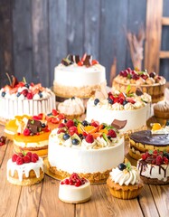 Assorted cakes and pastries, various flavors and toppings, displayed on a wooden surface