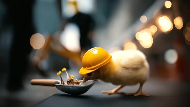 Adorable yellow chick wearing miniature construction helmet standing next to small toy shovel faceless humorous concept defocused construction site background with bokeh playful