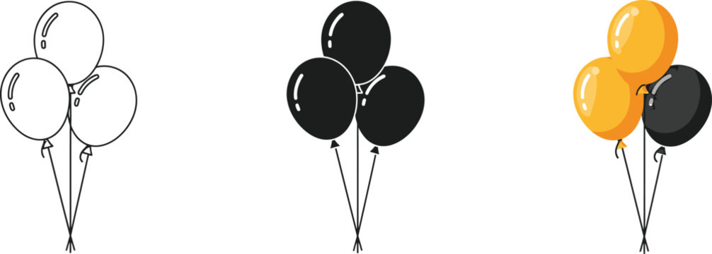 Set of three balloons icons outline, solid black, and colored yellow and black isolated on