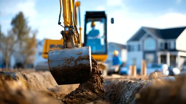 Excavator digging foundation trenches faceless operator controlling defocused residential house construction site background earthmoving for modern home building foundation