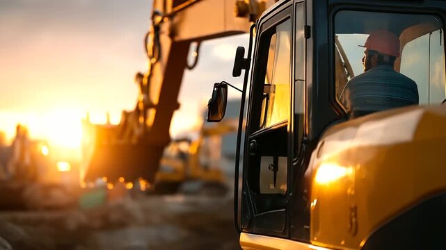 Rear view of loader excavator with raised backhoe faceless operator cabin from behind defocused construction site background hydraulic arm elevated equipment perspective