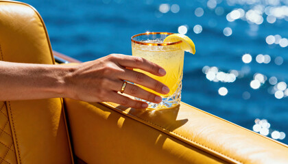 Hand holds citrus cocktail with lemon wedge on a yellow boat seat against a sparkling bokeh sea background. Blurred water and open sky provide ample space for text and graphic placement for editorial 