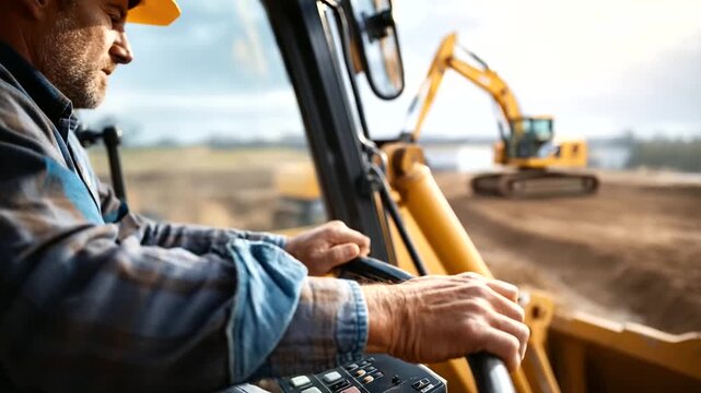 Faceless construction worker's torso operating heavy excavation machinery hands on controls visible defocused open mining pit background professional equipment handling quarry