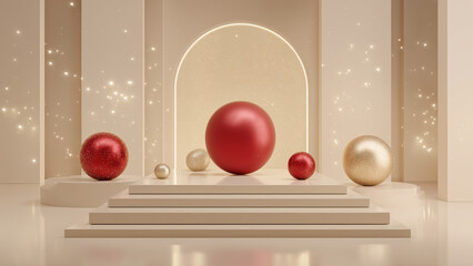 Naklejka na ściany i meble Elegant Christmas Sphere Decorations in Minimal Golden Interior with Sparkling Lights