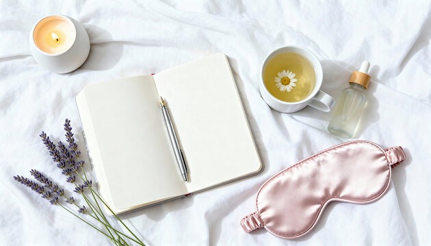 Open notebook lies on soft white bedding with a pen, lavender sprigs, lit candle, cup of chamomile tea and silk sleep mask suggesting a calm morning routine with available space for text on the blank 