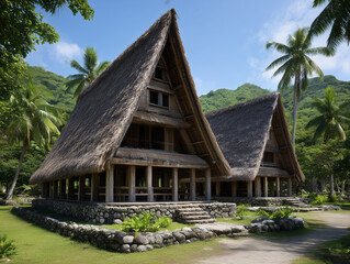 Fototapeta premium Traditional polynesian huts with thatched roofs surrounded by tropical nature