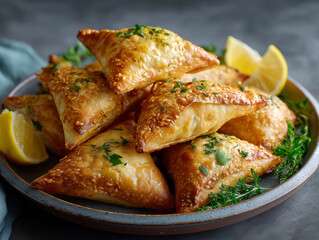 Golden puffy pastries with sesame seeds and lemon garnish