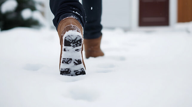Walking through a snowy landscape in winter boots, leaving footprints in the fresh snow.  The scene captures the quiet beauty and serenity of a winter day.