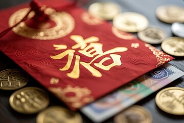 Traditional red envelope (hongbao) with lucky gold coins, symbolizing wealth and prosperity for lunar new year celebrations