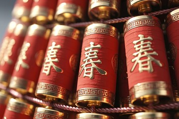 Vibrant red and gold chinese new year firecracker decorations hanging in row, symbolizing joy and scaring away evil spirits
