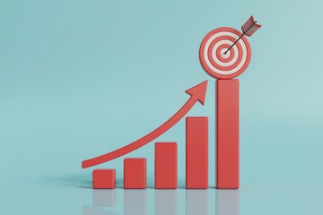 3d illustration of business growth showing rising bar chart hitting bullseye target with arrow on top, for success concepts