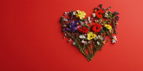 A Colorful Floral Heart Arrangement Set Against a Bright Red Background Enhancing Its Beauty
