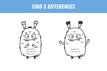 Find 5 differences between two pictures of funny monster. Cute alien. Vector illustration