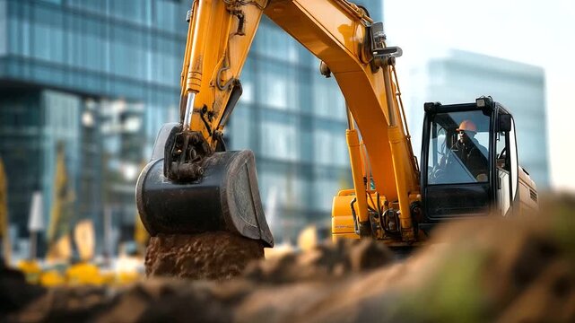 Large excavator positioned at active construction site faceless operator barely visible defocused building framework in background bucket attachment in foreground earthmoving