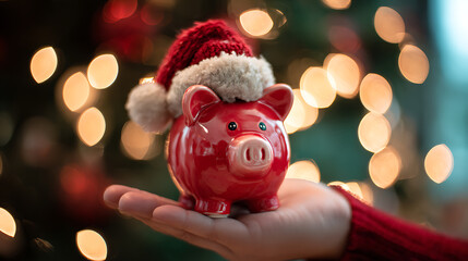 A red piggy bank wearing a Christmas hat is carefully held in a hand. Bokeh lights in the background create a festive mood, highlighting the theme of holiday savings.