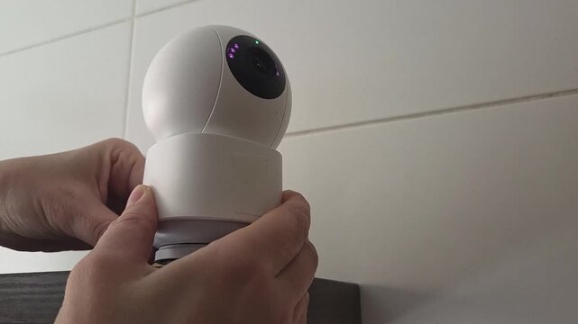 Installing a modern security camera on wall for enhanced home surveillance. Home security camera - plug in on and the purple and green indicators light up