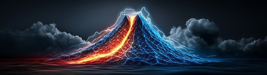 Volcanic power unleashed concept, Erupting volcano with glowing lava and electric energy in background