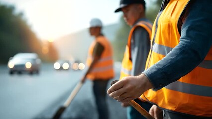 Faceless road construction crew in high visibility vests collaborating on asphalt laying project defocused highway stretching into distance workers' hands using tools in - Powered by Adobe