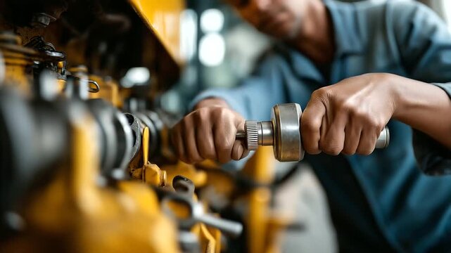 Faceless maintenance technician's hands performing service work on heavy loader defocused machinery components in background equipment repair industrial vehicle maintenance con