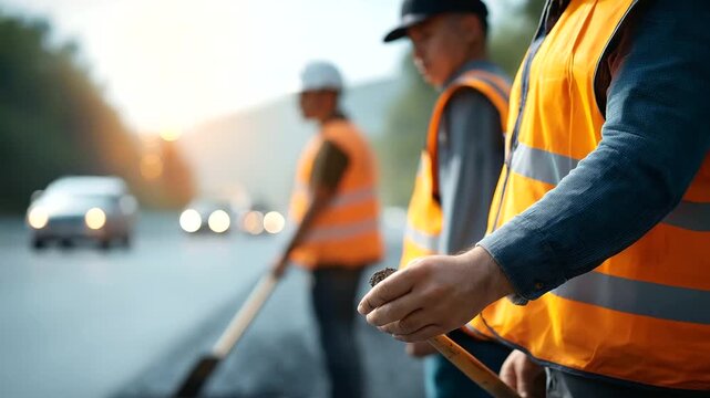 Faceless road construction crew in high visibility vests collaborating on asphalt laying project defocused highway stretching into distance workers' hands using tools in