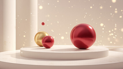 Naklejka na ściany i meble Minimal Red and Gold Christmas Ornaments on Elegant Marble Podium with Soft Sparkling Lights