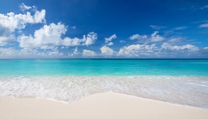 Peaceful Tropical Beach With White Sand And Turquoise Sea Under Bright Blue Sky Filled With Fluffy Cumulus Clouds Ideal For Travel Promotions Resort Websites And Summer Background Designs