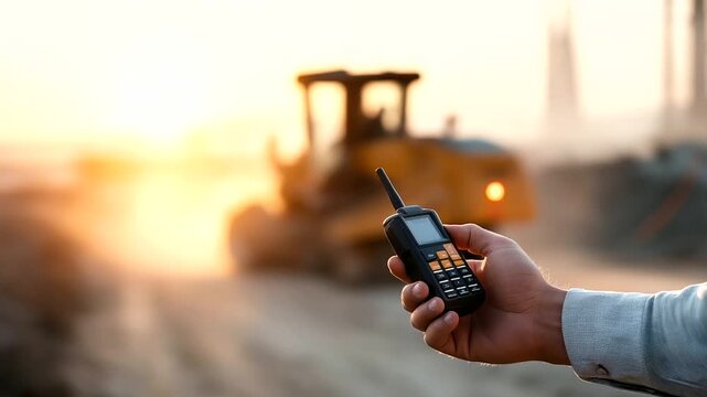 Faceless engineers coordinating road construction worker's hand holding radio communication device in foreground defocused roller compactor machine in background dusty road work