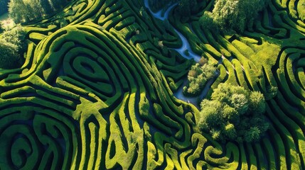 A large green maze is visible from above featuring winding paths surrounded by hedges and small trees. The maze is set in an outdoor area under clear skies.