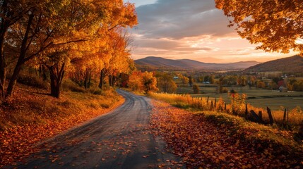 A winding road leads through a rural area filled with colorful autumn trees. The sun sets behind the mountains casting warm light over the scene.
