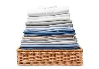A woven wicker basket overflowing with neatly folded clothes isolated on white background