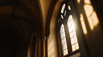 Stained glass window casting light patterns in an architectural setting with vaulted arches and columns, creating an atmosphere of reverence and tranquility.