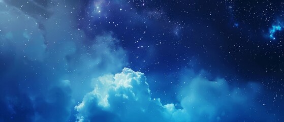 A breathtaking view of a serene night sky filled with stars and soft, illuminated clouds. The deep blue hues create a sense of calm and wonder.