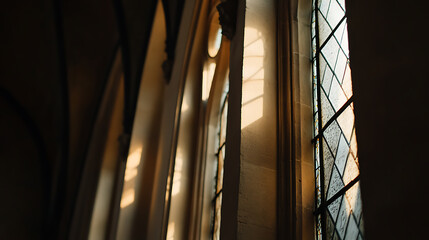 Obraz premium Golden light paints through the patterned window of the old room, creating an ethereal ambiance that blurs the line between past and present. A timeless sight.