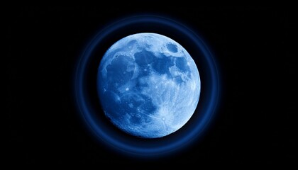 Fototapeta premium Blue Super Moon Glowing With Blue Halo Isolated On Black Background