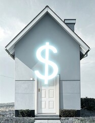 Small light gray house with glowing dollar sign over door