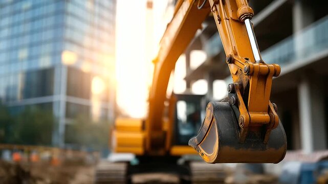 Large excavator positioned at active construction site faceless operator barely visible defocused building framework in background bucket attachment in foreground earthmoving