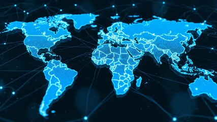 Futuristic glowing blue world map with dot connections on a dark backdrop. Represents global network, communication technology and data visualization. - Powered by Adobe