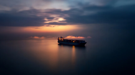 A cargo ship navigates the still waters at dusk, the sky painted with hues of orange and blue. The vessel cuts a path through the tranquil sea.