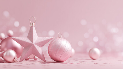 Naklejka na ściany i meble Elegant Pink Christmas Star and Baubles on Soft Pastel Background with Sparkling Bokeh