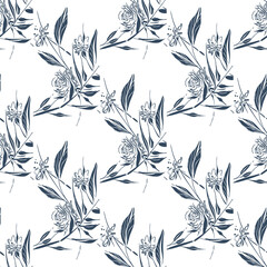 Black and white seamless pattern with flowers.  Vector illustration