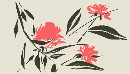 Flowers and leaves in Chinese style. Vector illustration.