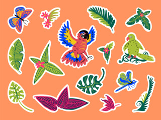 A set of stickers with tropical ornaments of parrots, insects and plants. Vector
